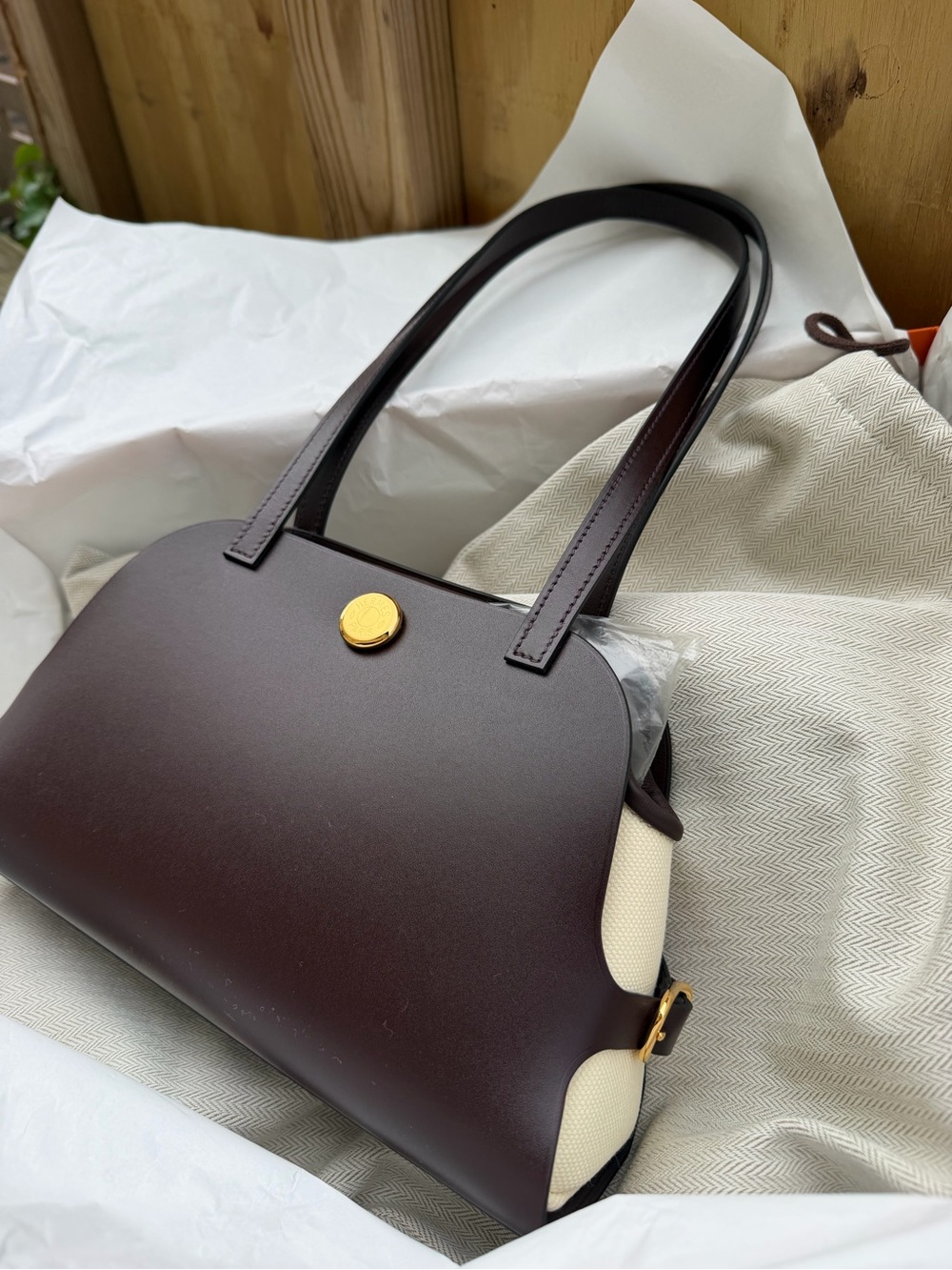 Hermes Brown and Cream Leather Tote with Gold Accent